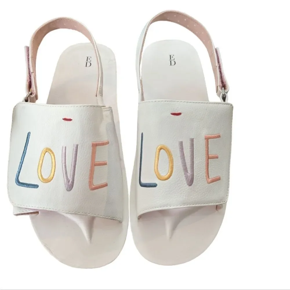 Ellen DeGeneres white rainbow‎ Embroidered Love sandals nib